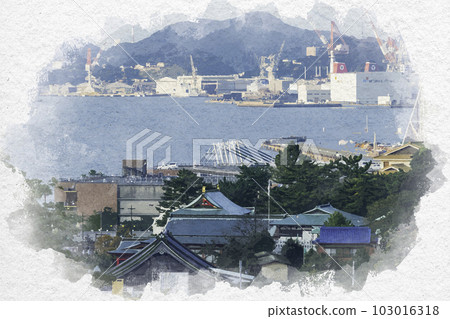 Watercolor-like view of Akama Shrine and the Kanmon Straits from the Dannoura parking area, Shimonoseki City, Yamaguchi Prefecture 103016318