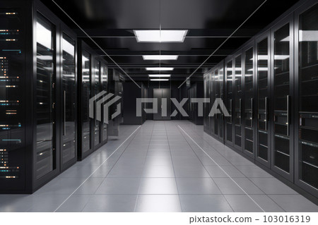 Aisle of server racks in a modern data center, equipped with advanced cooling systems and backup power for reliable performance. Is AI Generative. 103016319
