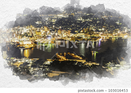 水彩風格的長崎：長崎縣長崎市稻佐灣地區的世界三大夜景之一 103016453
