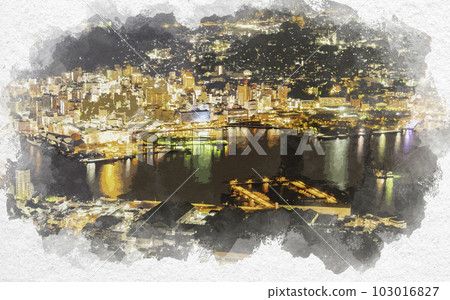 長崎縣長崎市長崎港稻佐山的世界三大夜景 水彩風格的長崎 103016827