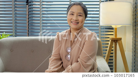 Senior woman with charming smile looking at camera making selfie Senior woman with charming smile looking at camera making selfie 103017165