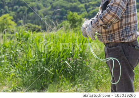 [Bundling the guy ropes of the auto camping tent on the Nakatsugawa riverbed] 103019266