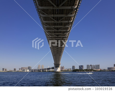 從東京彩虹橋下方的芝浦南碼頭公園眺望台場、有明和豐洲的景色。拍攝於 2023 年 5 月。 從東京彩虹橋下方的芝浦南碼頭公園眺望台場、有明和豐洲的景色。拍攝於 2023 年 5 月。 103019316