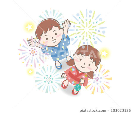 Children in yukata looking up at fireworks Children in yukata looking up at fireworks 103023126