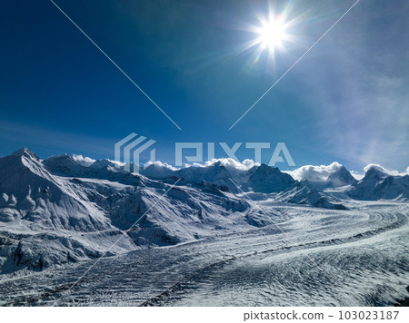 Aerial view of  high altitude glacier mountains, China 103023187