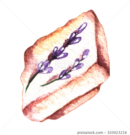 Watercolor piece of white chocolate with lavender sprigs isolated on white 103023216