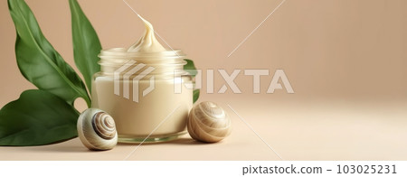 Jar Cosmetic products cream, gel, serum with snail mucin, Asian cosmetics, pastel background. Spa and relaxation concept, natural organic skin care 103025231