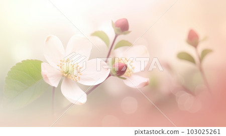 Branches with plum blossoms and buds Blurred pink background AI image adjusted 103025261