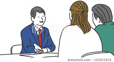Illustration of a businessman explaining to a couple customer 103025824
