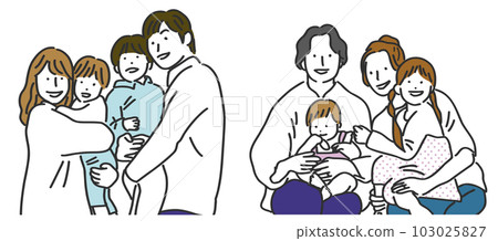 Illustration of a smiling family of four in their 20s and 30s 103025827