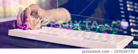 new concept of virtual money. Golden bitcoins with Candle stick graphic chart and digital background. 103026730