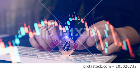 new concept of virtual money. Golden bitcoins with Candle stick graphic chart and digital background. 103026732