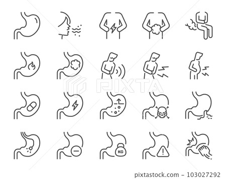 Flatulence icon set. It included stomach, stomach ache, sick, and more icons. Editable Stroke. 103027292
