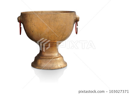 antique brass water dipper on phan on white background, object, vintage, retro, copy space 103027371