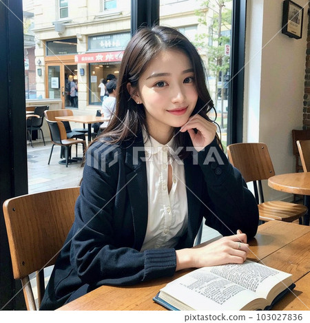 AI-generated beauty, studying at a cafe AI-generated beauty, studying at a cafe 103027836