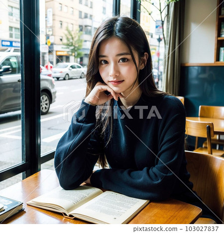 AI-generated beauty, studying at a cafe AI-generated beauty, studying at a cafe 103027837