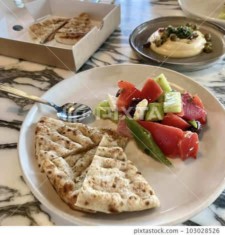 時尚的希臘美食皮塔麵包希臘沙拉 103028526