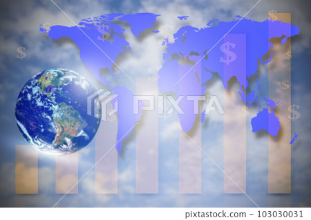 White globe with blue world map with financial graph. White globe with blue world map with financial graph. 103030031
