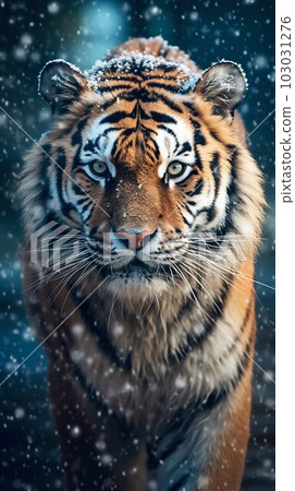 Siberian Tiger on Snowflakes Winter Background. Generative ai 103031276
