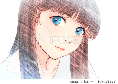 Line drawing color illustration of a girl with a relaxed & serious look Eyes = blue No background Light lipstick Horizontally reversed version 103031353