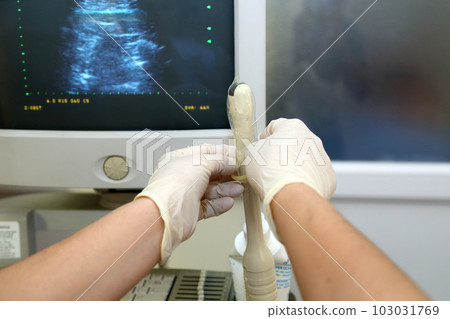 Vaginal ultrasound examination. A woman at the gynecologist for a check-up. Vaginal ultrasound examination. A woman at the gynecologist for a check-up. 103031769
