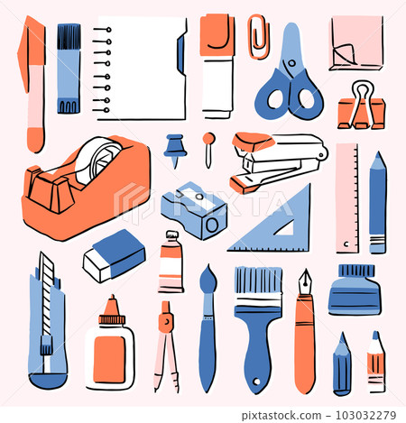 Set of art stationary, office and school supplies icon. Vector illustration pattern and background suitable for print or design elements. 103032279
