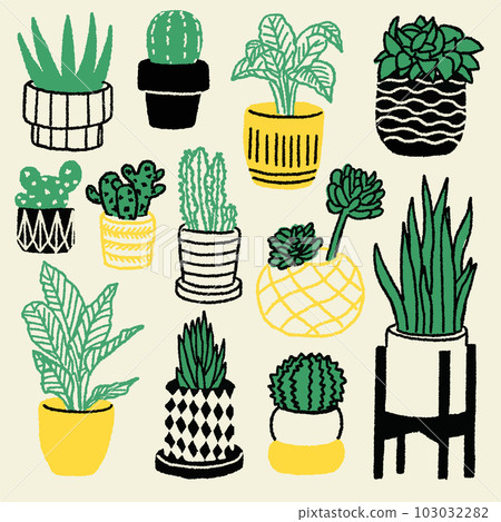 Set of hand drawn green plants in pots texture pattern background. Houseplants such as cactus and succulent vector on light background. Minimal simple botanical illustration. Set of hand drawn green plants in pots texture pattern background. Houseplants such as cactus and succulent vector on light background. Minimal simple botanical illustration. 103032282