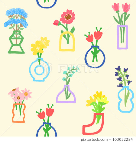 Hand drawn pastel flowers in abstract modern vases. Flower in vase seamless pattern vector background. Design element isolated. Hand drawn pastel flowers in abstract modern vases. Flower in vase seamless pattern vector background. Design element isolated. 103032284