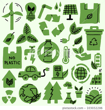 Seamless vector illustration of hand drawn ecology icons. Background pattern with recycle energy saving elements to help global warming. A sustainable future vector with bio energy, solar power, etc. 103032286