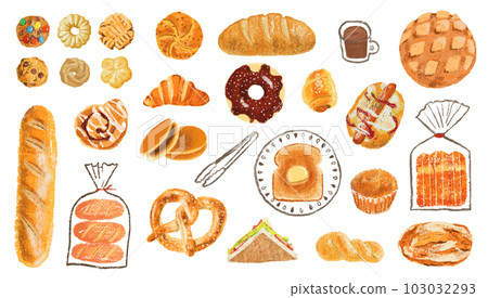 Hand drawn bakery bread illustration. Bakery and pastry products icons set with various sorts of bread, sweet buns, cupcakes, dough, cookies and cakes for bakery shop or food design. Hand drawn bakery bread illustration. Bakery and pastry products icons set with various sorts of bread, sweet buns, cupcakes, dough, cookies and cakes for bakery shop or food design. 103032293