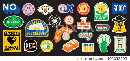 Set of various badges, pins, stamps, icons, or stickers. Hand drawn color pencil vector illustrations. Cute abstract graphic elements and symbols isolated on black background. 103032295
