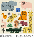 Cute hand drawn wild life zoo animals pattern background. Abstract wild zoo animal with elephant, sheep, duck, tiger, lion, giraffe, crocodile, turtle, monkey, pig. Vector animal wallpaper isolated. 103032297