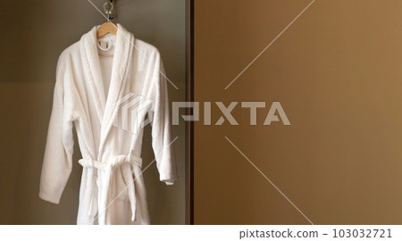 Hanger with clean white bathrobe in hotel wardrobe Hanger with clean white bathrobe in hotel wardrobe 103032721