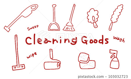 Cute hand drawn illustration of cleaning goods. Vacuum cleaner, broom and dustpan, wiper, mop, rag, spray Cute hand drawn illustration of cleaning goods. Vacuum cleaner, broom and dustpan, wiper, mop, rag, spray 103032723