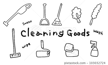 Cute hand drawn illustration of cleaning goods. Vacuum cleaner, broom and dustpan, wiper, mop, rag, spray 103032724