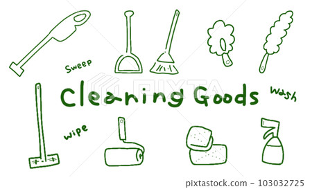 Cute hand drawn illustration of cleaning goods. Vacuum cleaner, broom and dustpan, wiper, mop, rag, spray Cute hand drawn illustration of cleaning goods. Vacuum cleaner, broom and dustpan, wiper, mop, rag, spray 103032725