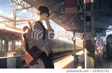 A male student waiting for a train at the station 103032742