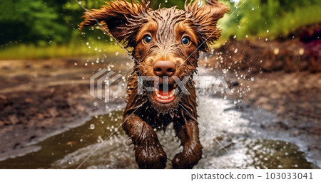 Funny dog playing in mud puddle, a beautiful dog with joy jumping in a muddy puddle, dirty brown fur,happy portrait of a dirty funny dog in nature Funny dog playing in mud puddle, a beautiful dog with joy jumping in a muddy puddle, dirty brown fur,happy portrait of a dirty funny dog in nature 103033041
