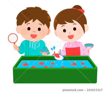 一個男孩和女孩在節日里撈金魚的插圖 一個男孩和女孩在節日里撈金魚的插圖 103033327