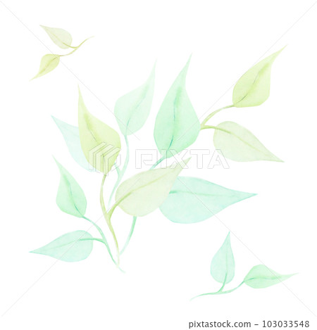 Watercolor drawing of half-transparent clear green and light-brown branch wirh leaves on white background. Nice hand drawn for wrapping, background, sticker, scrapbooking, textile print, fabric, cards Watercolor drawing of half-transparent clear green and light-brown branch wirh leaves on white background. Nice hand drawn for wrapping, background, sticker, scrapbooking, textile print, fabric, cards 103033548