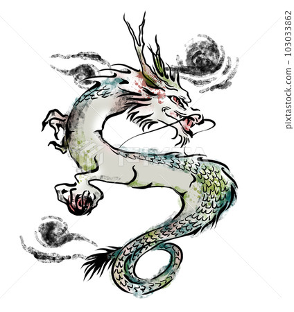 Hand drawn line drawing illustration of a dragon colored 103033862