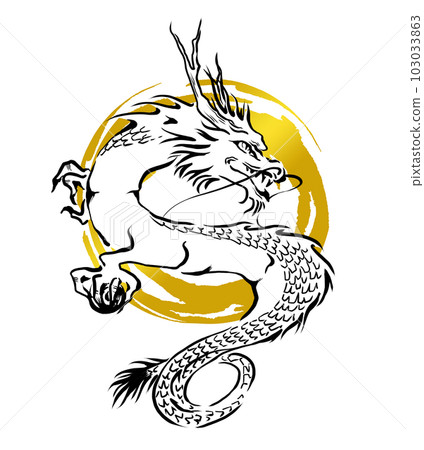 Monotone hand-drawn line drawing illustration of a dragon with a golden background Monotone hand-drawn line drawing illustration of a dragon with a golden background 103033863