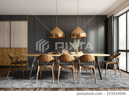 Interior of modern dining room, dining table and wooden chairs against black panelling wall. Home design. 3d rendering Interior of modern dining room, dining table and wooden chairs against black panelling wall. Home design. 3d rendering 103034046
