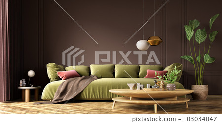 Modern interior design of living room with green sofa and wooden coffee table. Home interior. 3d rendering Modern interior design of living room with green sofa and wooden coffee table. Home interior. 3d rendering 103034047