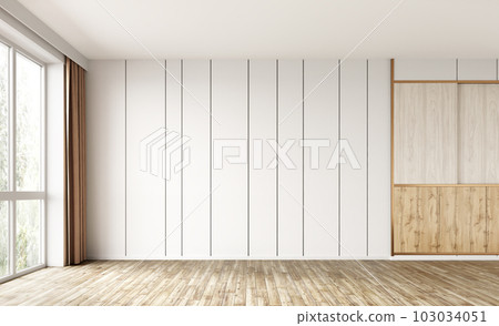 Empty room interior background, white paneling wall, wooden flooring and big window. 3d rendering 103034051