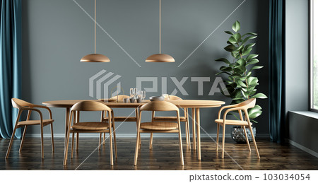 Interior design of modern dining room, dining table and wooden chairs against blue wall. 3d rendering 103034054