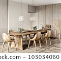 Interior of modern dining room, dining table and wooden chairs. Home design. 3d rendering 103034060