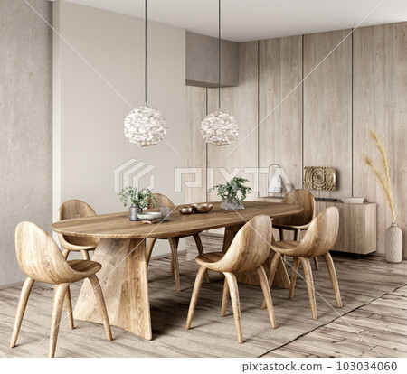 Interior of modern dining room, dining table and wooden chairs. Home design. 3d rendering Interior of modern dining room, dining table and wooden chairs. Home design. 3d rendering 103034060