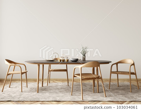 Interior design of modern dining room, dining table and wooden chairs. 3d rendering Interior design of modern dining room, dining table and wooden chairs. 3d rendering 103034061