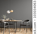 Interior of modern dining room, dining table and wooden chairs against black wall. 3d rendering 103034063